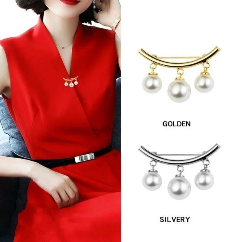 

Classic Pearl Fixed Strap Charm Safety Pin Brooch Sweater Cardigan Clip Chain Brooches Jewelry Pearl Brooch Elegant Button Pin