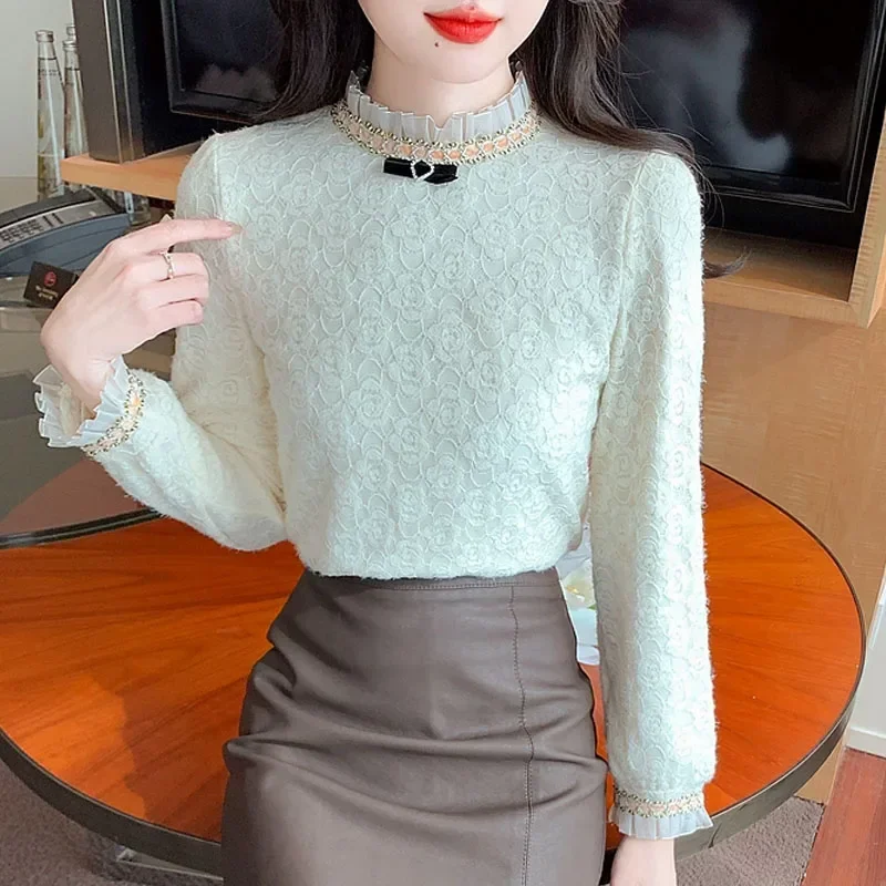 Новая кружевная женская блузка с рюшами и бантом бархатная утепленная длинными