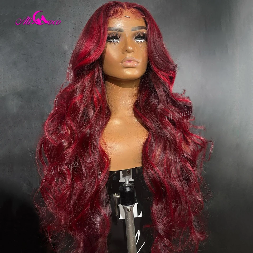 Highlight 99j Red 13x4 Lace Frontal Wig Transparent Lace Colored Red Human Hair Wigs 13x6 Body Wave Wigs for Women Ali Coco