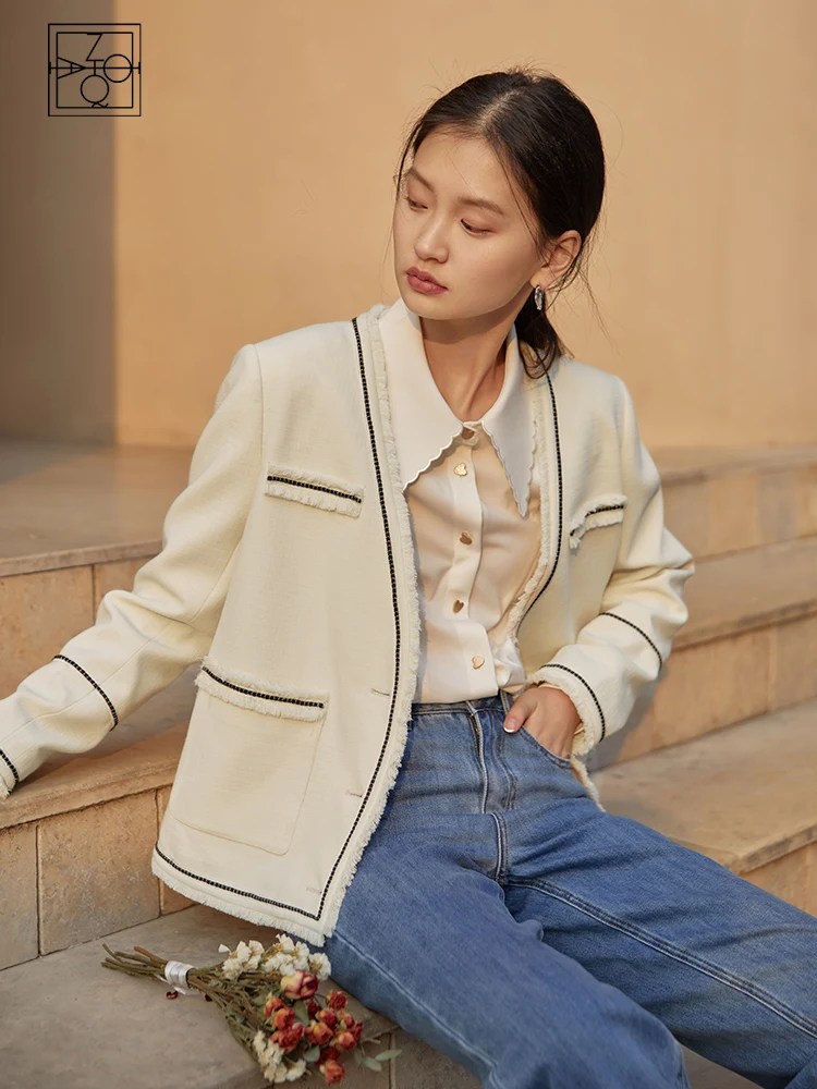 ZIQIAO Japanese New Fashion Korean Chic Vintage Tweed Jacket Coat Women Autumn Single Breasted Plaid Tassel Office Lady Outwear