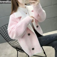 korean fashion pink plaid jacket women fall long sleeve soft mink cashmere coats stylish turndown collar short sweater cardigan