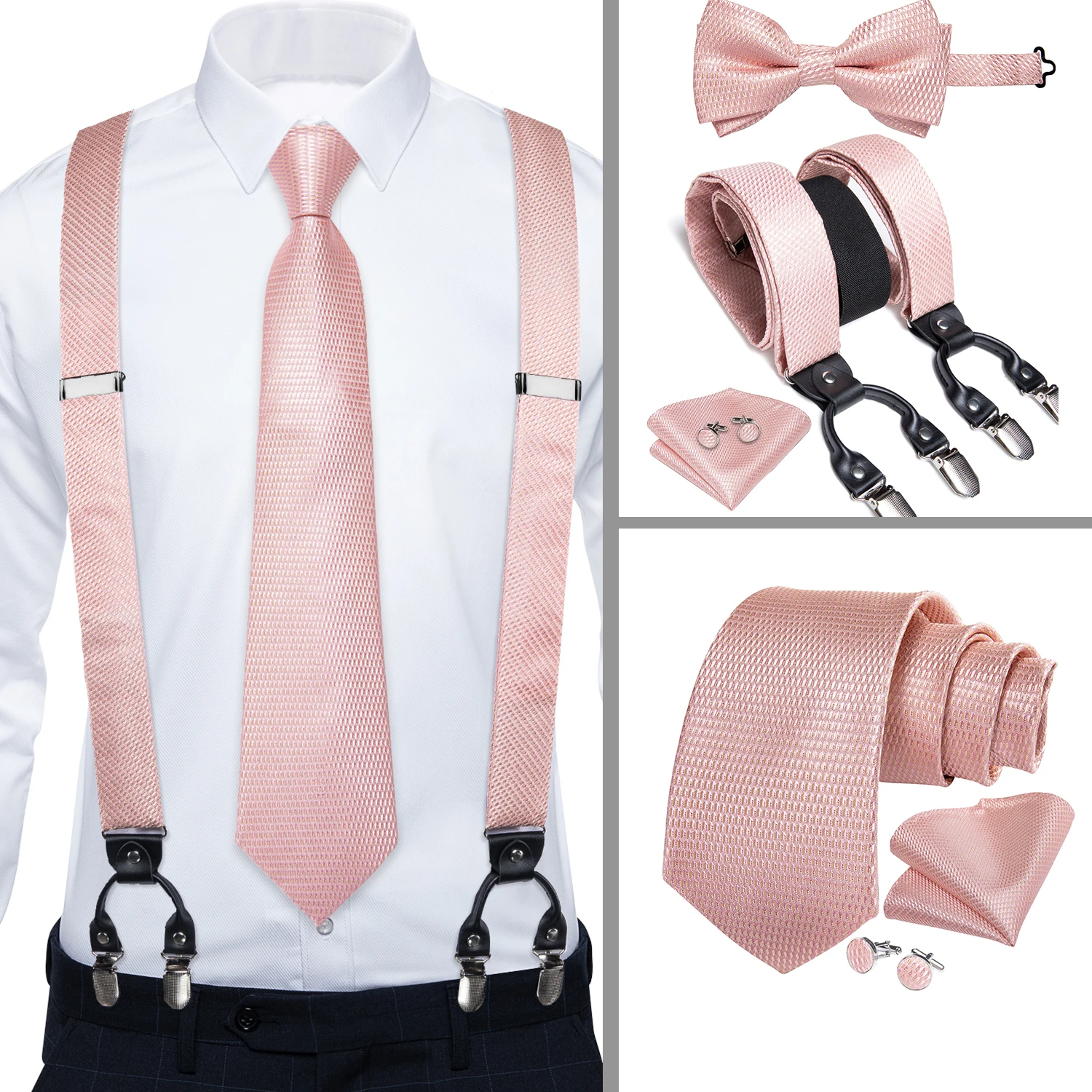 

Men's Suspender Bow Tie Necktie Cufflinks Hanky Set Silk Solid Pink Jacquard Woven Adjustable Elastic Clip-on Brace for Pants