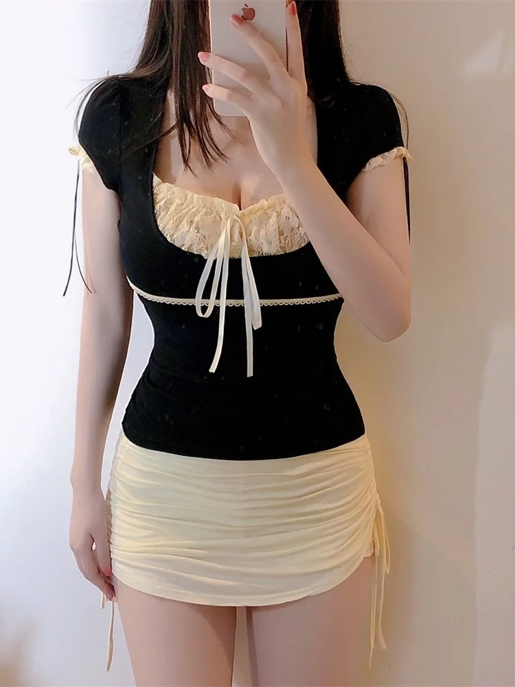 

Korean Women Summer Tshirt Fake Two Sexy Lace Top Sweet Spicy Japanese Girls Thin Slim T-shirt Tees Bow Tops Lady Y654