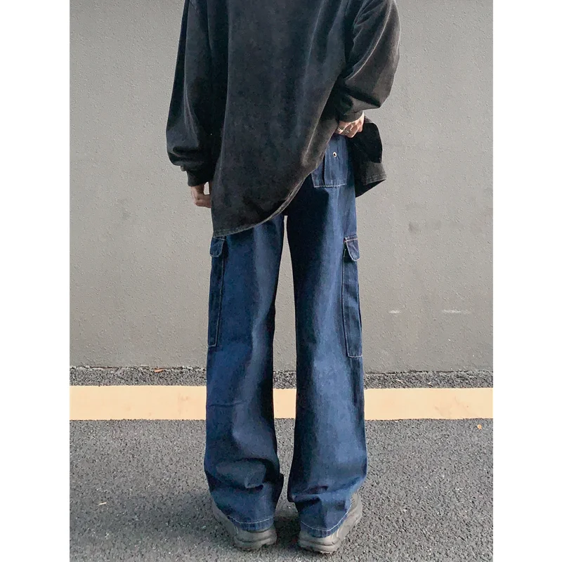 Streetwear Men Vintage Loose Blue Jeans 2022 Autumn New Pattern Fashion Multiple Pockets Straight Cylinder Cargo Pants Female