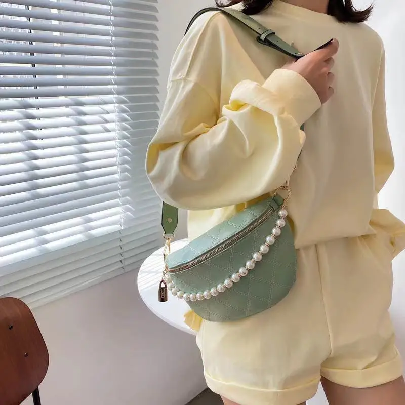 

New 2022 Waist Bags High Quality Women's Fanny Pack Pearl Chain Shoulder Crossbody Chest Bags Pu Leather Belt Bag Shoulder Bag