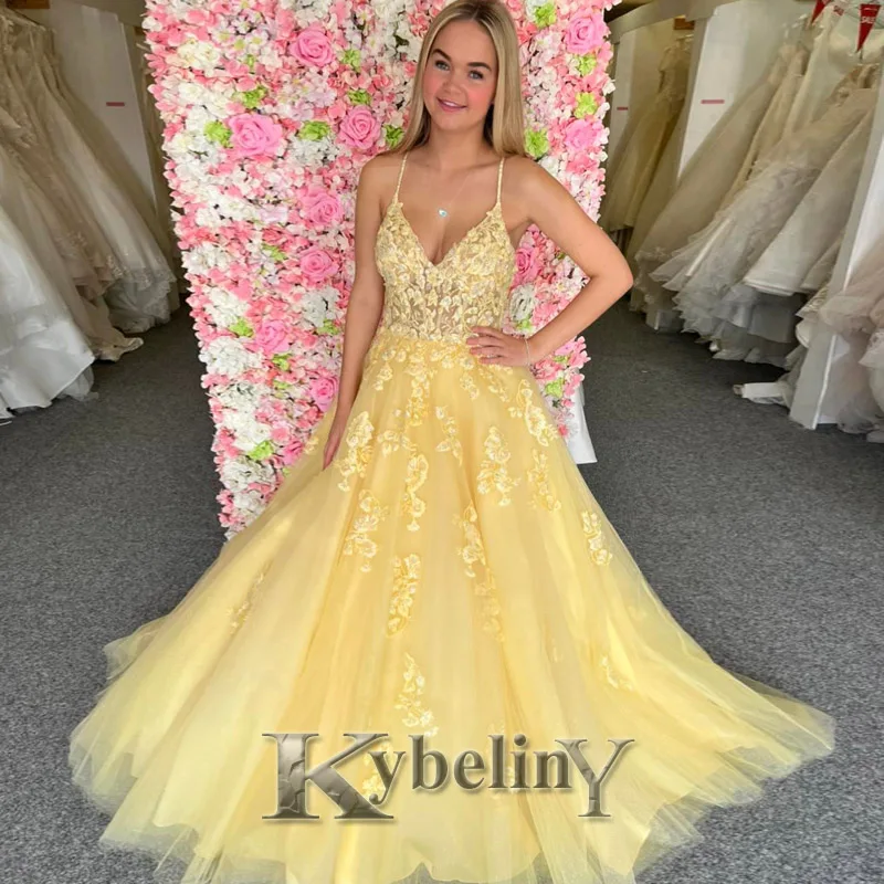 

Kybeliny Yellow V-Neck Evening Dresses Spaghetti Straps Prom Robe De Soiree Graduation Celebrity Vestidos Fiesta Women Formal