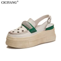 ciciyang womens summer sandals genuine leather 2022 new retro baotou platform ladies sandals fashion rhinestones hole sneakers