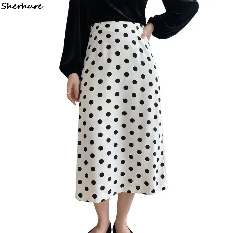 

2022 Women High Waist Summer A-Line Skirt Dots Print Women Boho White Skirt Femme Faldas Jupe Saia