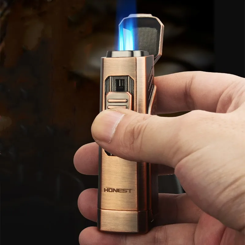 

HONEST New Durable Metal Gas Lighter Inflatable Windproof Three Straight Impact Blue Flame Cigar Turbo Torch With Cigar Drill