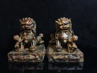 7 tibetan temple collection old bronze cinnabar mud gold lion statue door lion a pair gather fortune town house exorcism