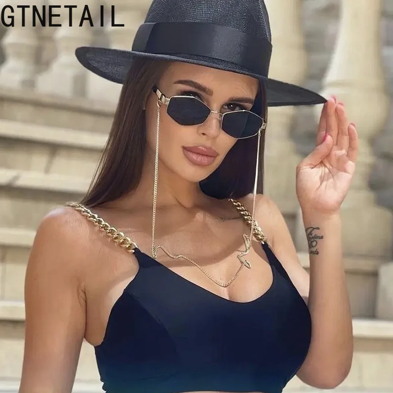 

2022 Trendy Retro Hexagon With Chain Sunglasses Women Unique Polygon Brand Designer Sun Glasses For Female Small Frame Eyewear