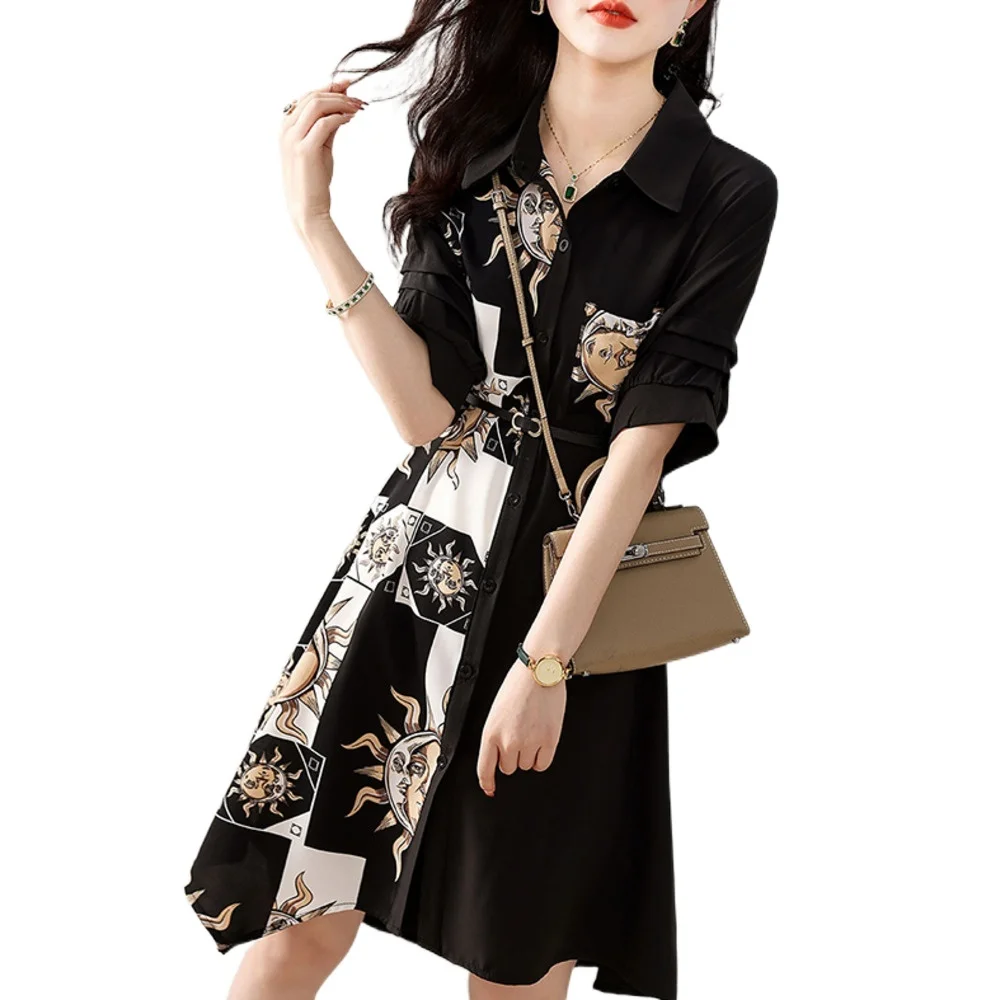

Art Painting Shirt Dress Summer French Print Premium Feel Skirt Wrap Waist Show Thin Dress Girl