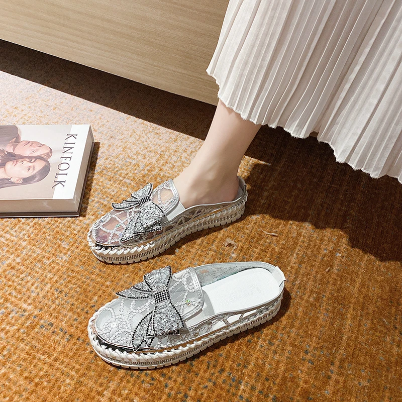 

Brand Summer Shoes Women Flats Platform Luxury Bling Butterfly-knot Air Mesh Cool Loafers Couple Crystals Stitched Chunky Sole