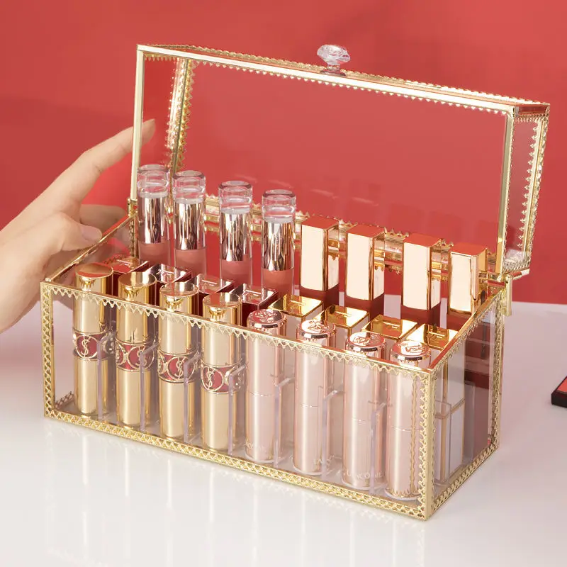 

Modern High Transparent Glass Plating Gold Edge Lipstick Storage Box Multi-grid Dustproof Large Capacity Lipstick Storage Crafts
