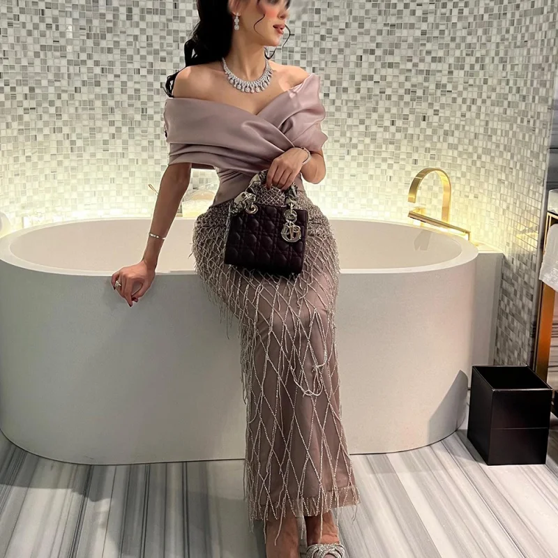 

Elegant Off Shoulder Sage Green Dubai Evening Dresses For Women Wedding Luxury Tassel Arabic Formal Party Gown