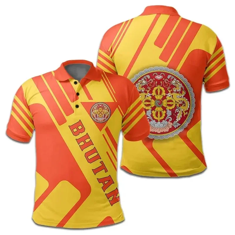Bhutan Герб 3D Рубашка-поло с принтом Kingdom Of Map Флаг Графическая футболка-поло Модные