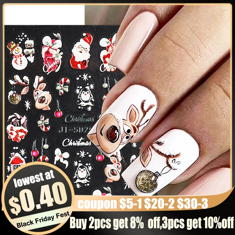 5D Christmas Nail Art Stickers Snowy Tree Santa Claus Snowman Penguins Nail Decals Winter New Year Manicure Decoration NTJI-5D25