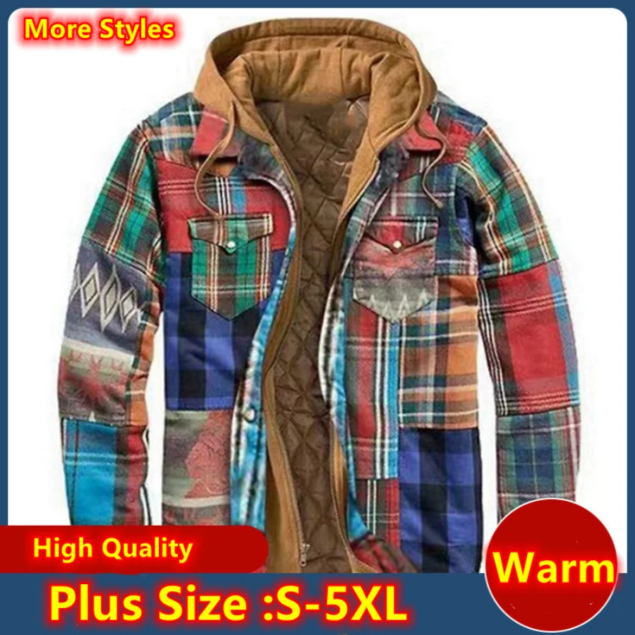 2022 Men Retro Vintage Autumn Winter Long Sleeve Plaid Shirt Jacket For Men Checked Jacket Coat Overcoat Hooded Pocket Jacket