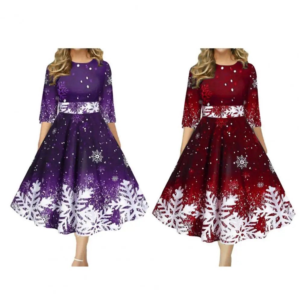 

Fashion Anti-pilling O-Neck Christmas Themed Print Skater Hem Midi Dress Daily Clothing Christmas Dress Christmas Dress