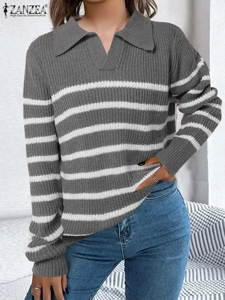 ZANZEA уличная одежда вязаные джемперы с отложным воротником в полоску модные
