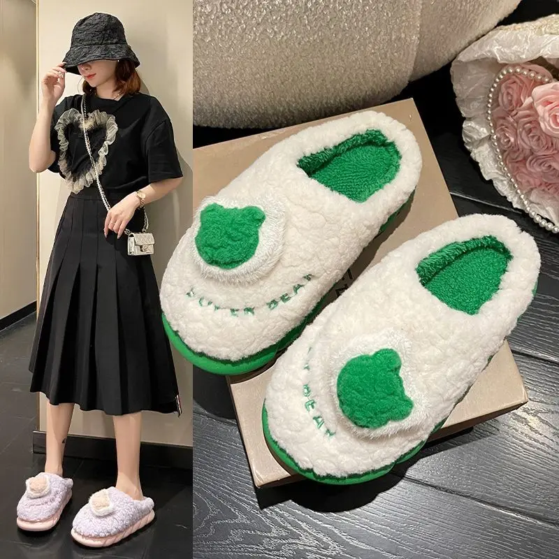 

QWEEK 2022 Green Blue Autumn Winter New Kawaii Bear Cotton Slippers Women's Shoes Indoor Thick Sole Home Flat Designer Bedroom