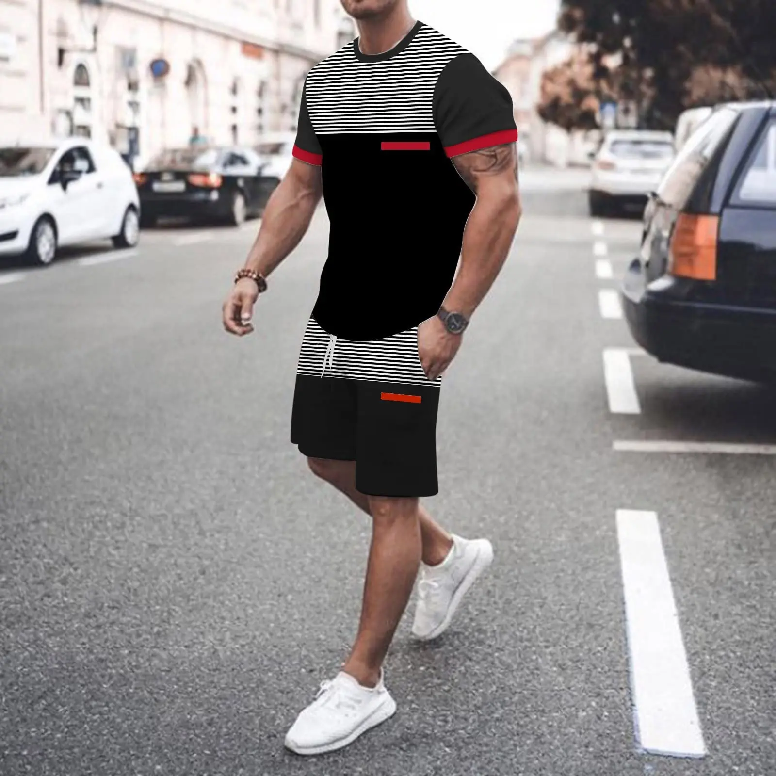 

Summer Men's Tracksuit Set T-Shirt Shorts 2-piece Striped Splicing Fashion Fitness Sportswear Large Size Jogging Suit Streetwear
