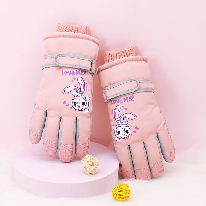 

Зимние Детские перчатки, теплые и непромокаемые перчатки с открытой ладонью и милым мультяшным Кроликом, флисовые лыжные перчатки
