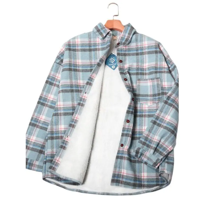 

Thick Velvet Plaid Shirts Women Winter Warm Blouses and Tops New Casual Woolen Shirt Jacket Female Clothes Coat Outwear C17001X
