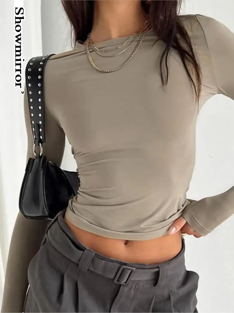 

Solid Fit Tee Shirt Fitted Basic Crop T-shirt Lady Elegant Tops Casual Long Sleeve Crew Neck Tshirt Women Pullovers Top tees