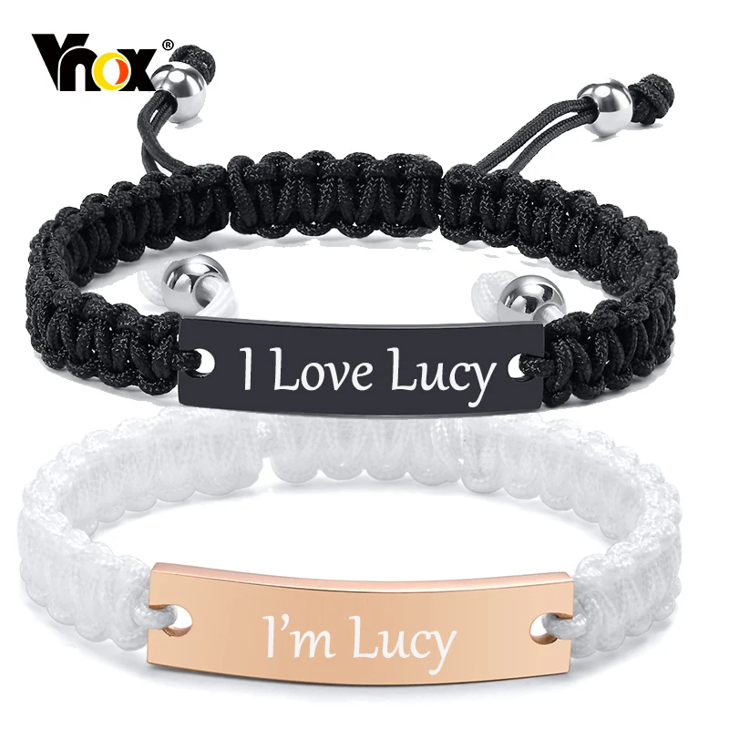 

Vnox Free Custom Bracelets for Women Men, Adjustable Couple Braided Rope Chain with Stainless Steel Bangle, Gift for Her Him