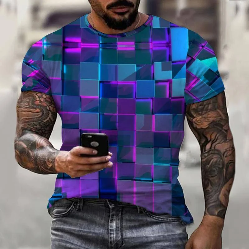 

Colorful Plaid 3D Printing T-shirt New Summer Men's T-shirt Short Sleeve Oversized Street Fashion Everyday Casual Wear Top
