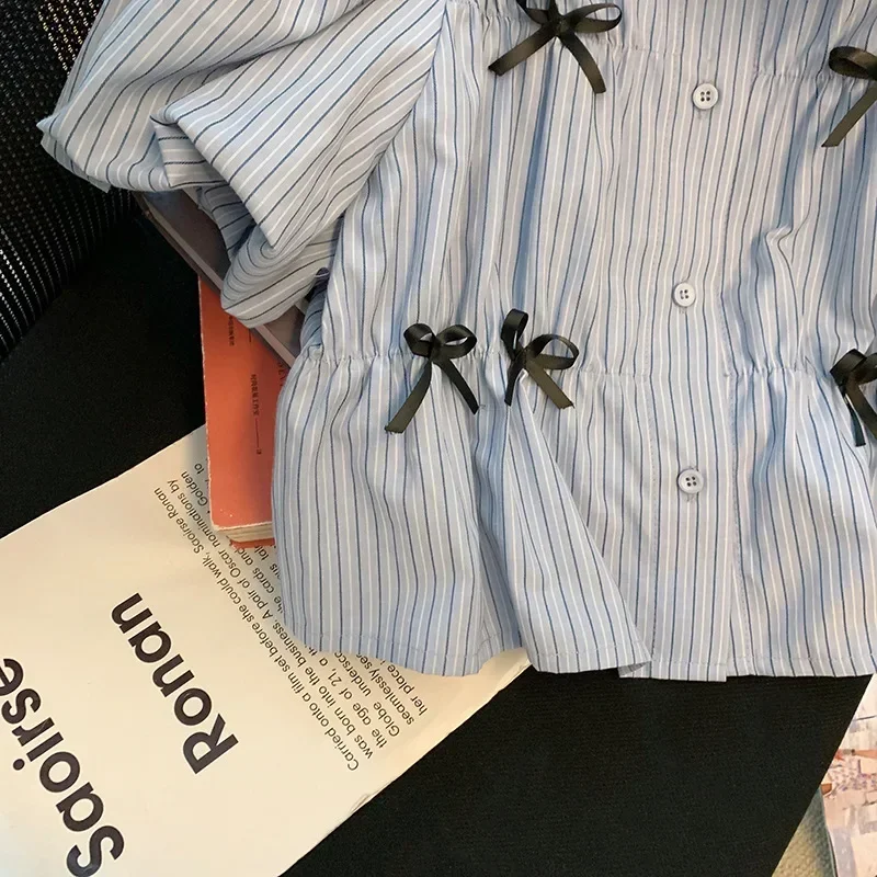 Женская рубашка в стиле пэчворк синюю полоску с бантом лето 2023 французская