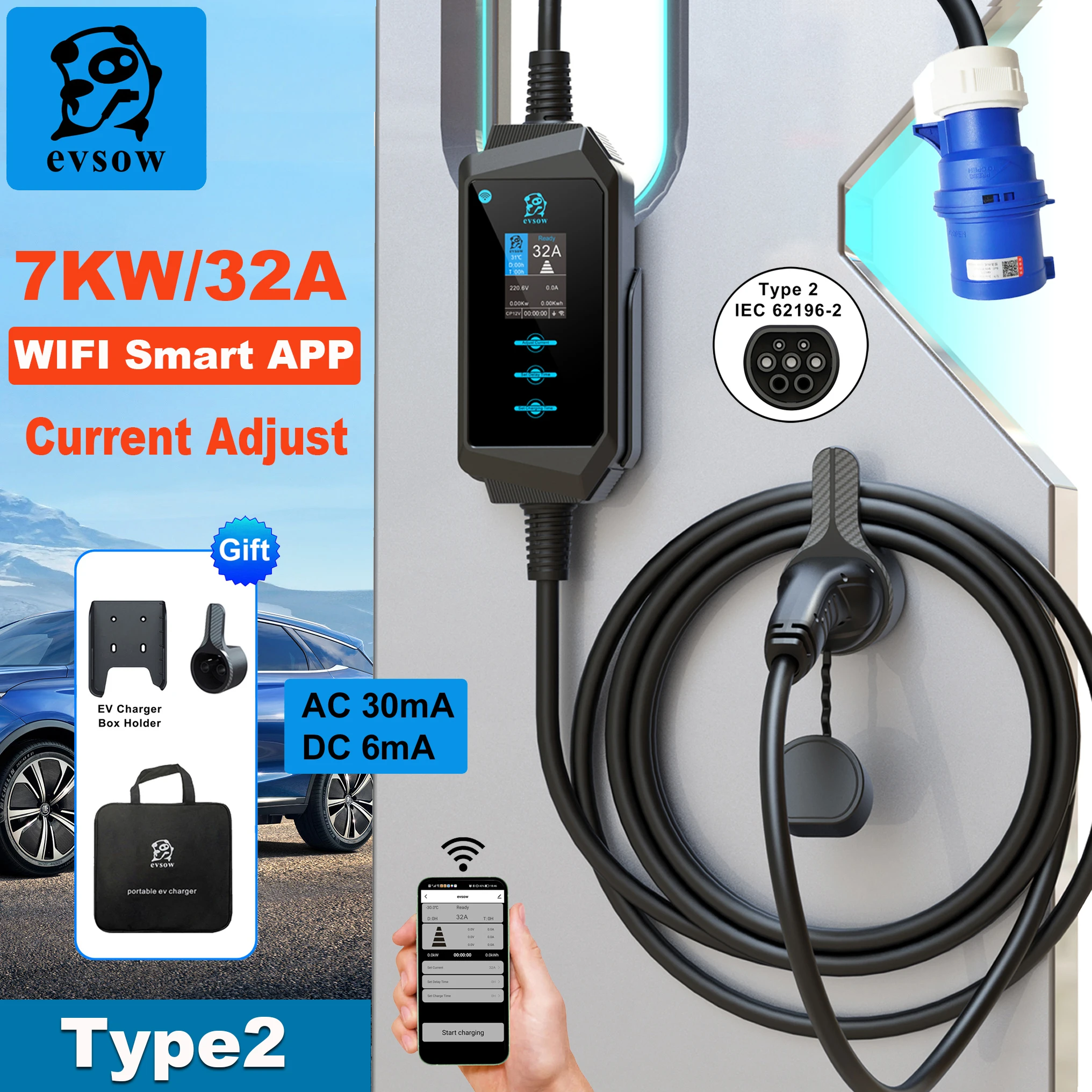 Evsow 7KW32A Зарядное устройство для электромобиля Type2 WIFI с комплектом управления
