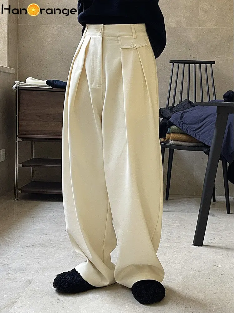 HanOrange 2022 Winter Simple Casual Wide Leg Pants Women Comfortable Slouchy Loose Thick Warm Trousers Female Black/Off White