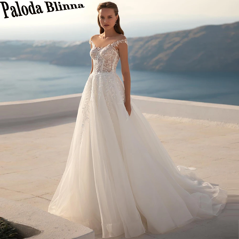 

Paloda Classic Appliques Illusion Wedding Gown For Bride Scoop Court Train Short Sleeves Zipper Tulle A-LINE Robe De Mariée