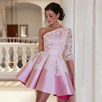 latest on sale lace homecoming gowns pink short cocktail dresses one shoulder with 34 sleeves wedding party gowns mini length