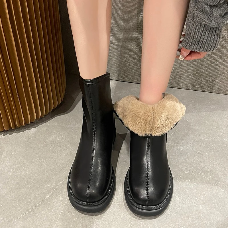 

Thicken Long Plush Platform Ankle Boots Woman 2022 Winter Pu Leather Thick Heels Short Boots Women Non Slip Back Zipper Botas