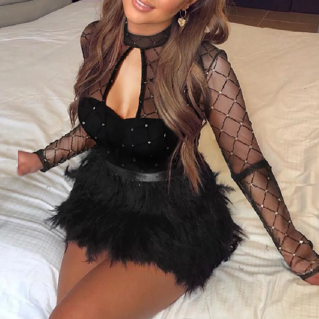 

New Sexy Nightclub Dress for Women 2022 Fashion Party Waist Lace Sequin Dresses Women's Sexy Sheer Mesh Cutout Mini Dress ropa