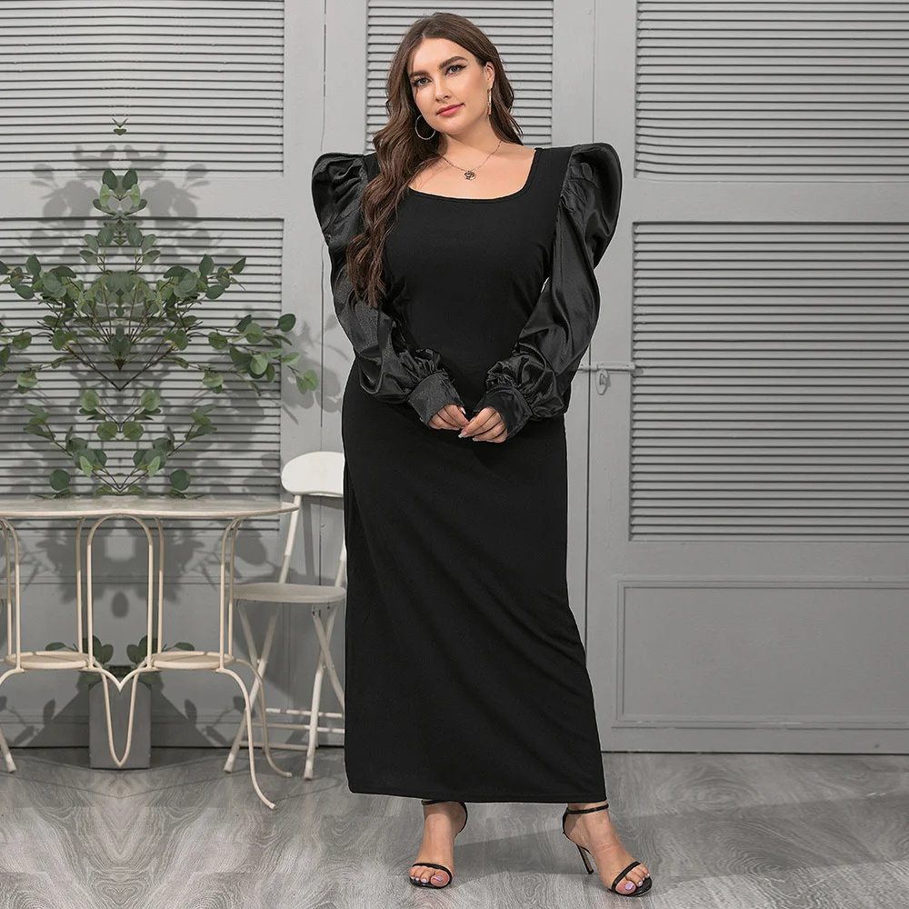 Plus Size Women Clothing 2023 Spring And Autumn New Large Women's Fashion Square Neck Bubble Sleeve Loose Elegant Dress
