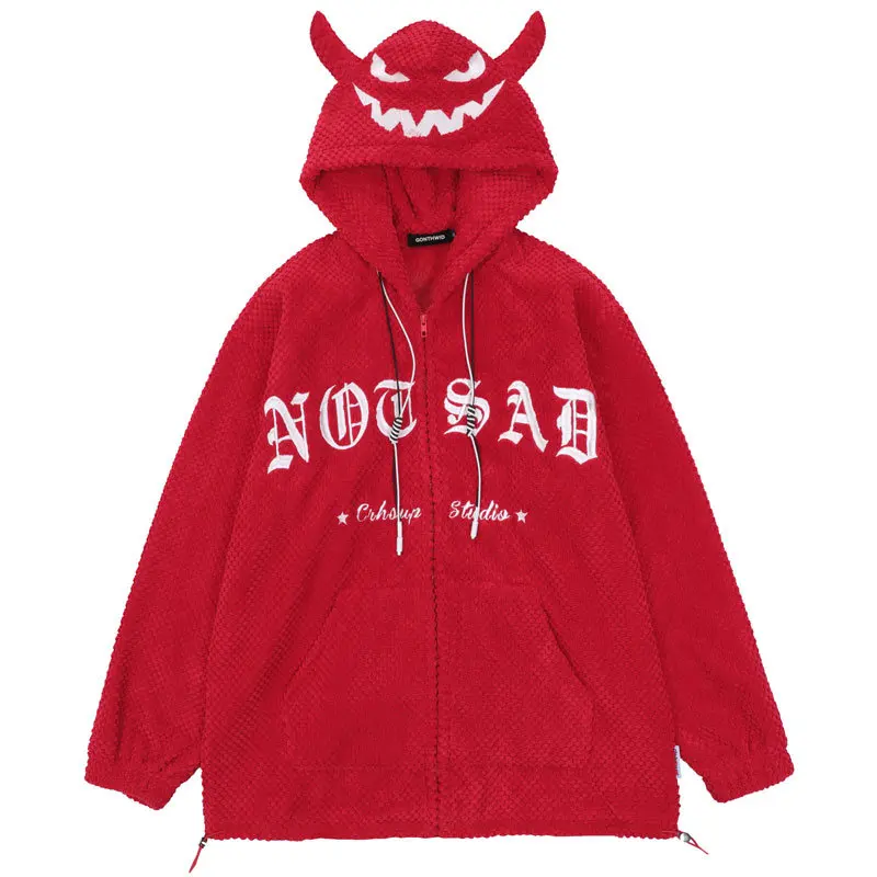 

Hip Hop Zip Up Hoodie Sweatshirt Jacket Y2K Embroidery Letter Devil Horns Fleece Coat Streetwear Harajuku Retro Loose Punk Goth