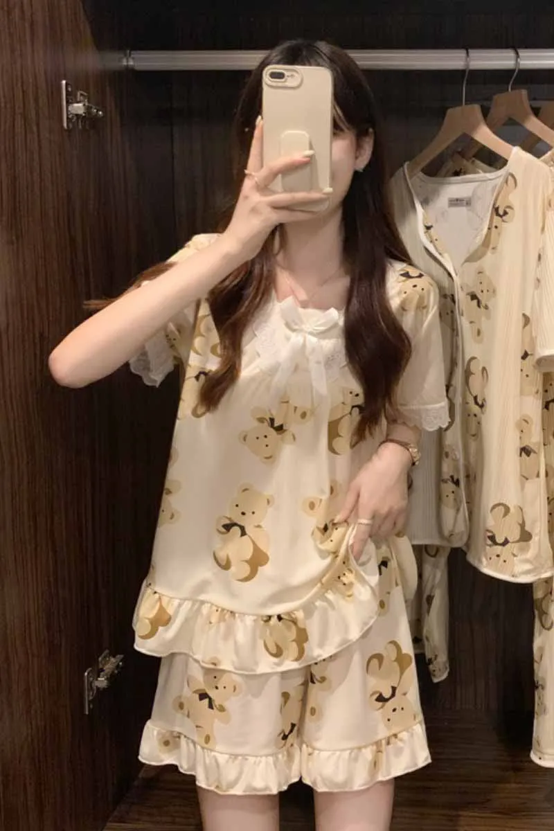 Aging cute bear Pajama suit women's summer 2022 new lazy style can be worn outside home clothes three piece suit fashion