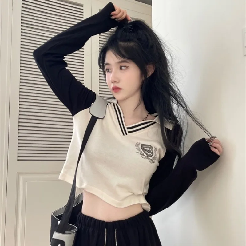 Лоскутные футболки с принтом и рукавом реглан V-образным вырезом корейские