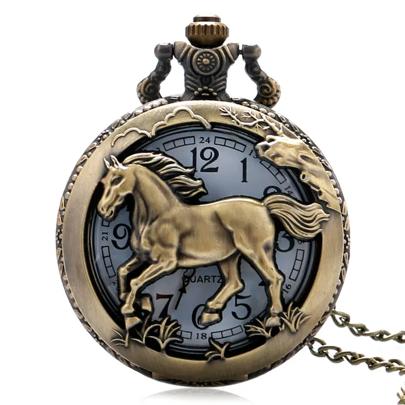 

Retro Bronze Copper Horse Hollow Quartz Pocket Watch FOB Hour Clock 12 Zodiac Chain Pendant Birthday Souvenir Gift for Men Women