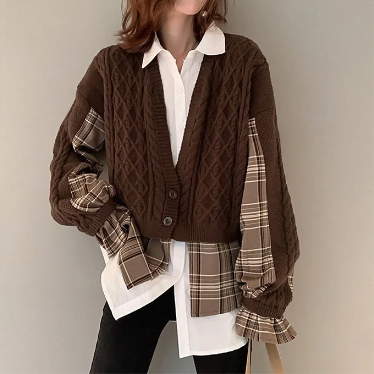 

Shirt Stitching Sweater Coat Women's 2022 New Autumn And Winter Clothes Two-piece Korean Loose Sweater Top