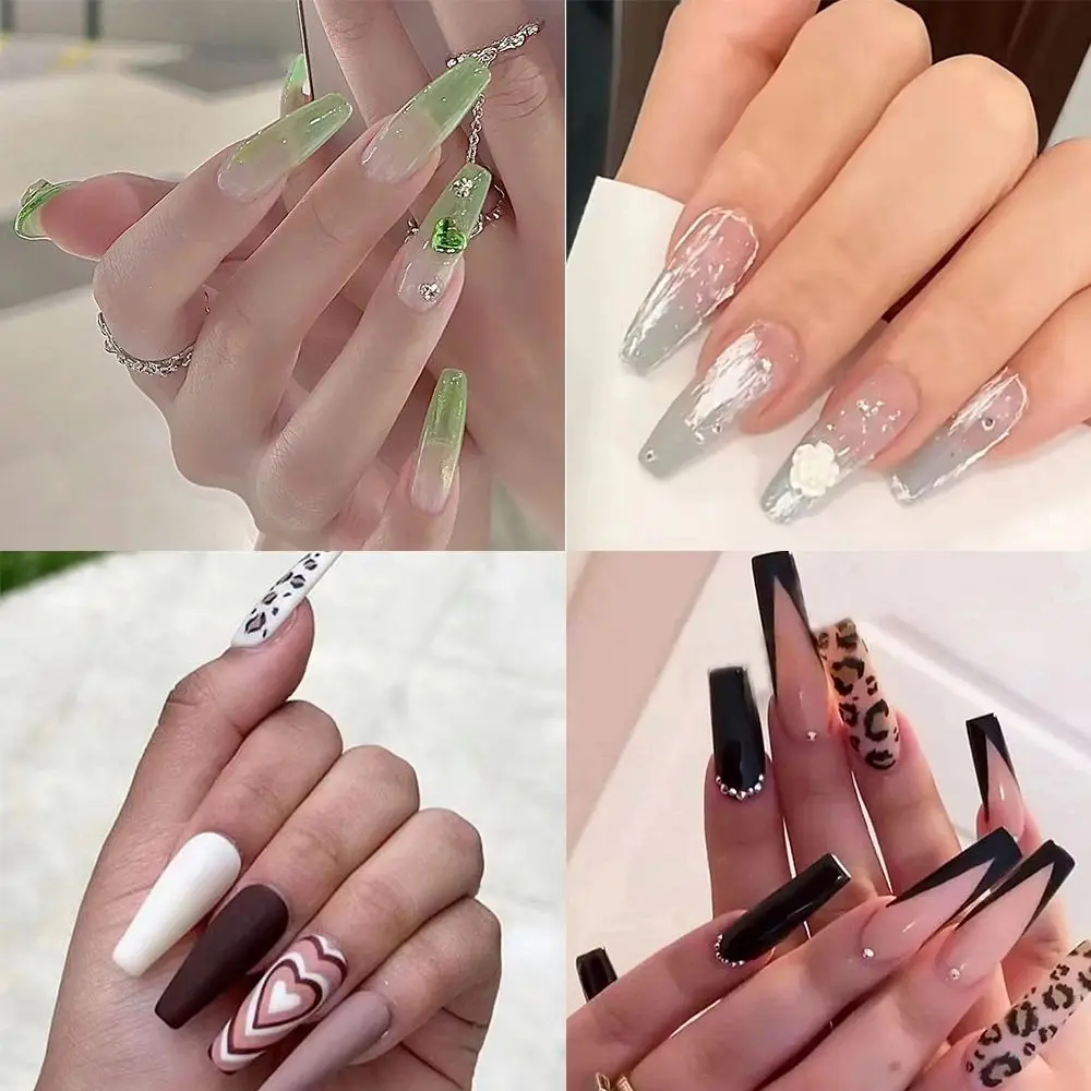 

Ballerina Full Cover Detachable Artificial Flower Rhinestone Coffin False Nails Nail Tips French Fake Nails Wearable