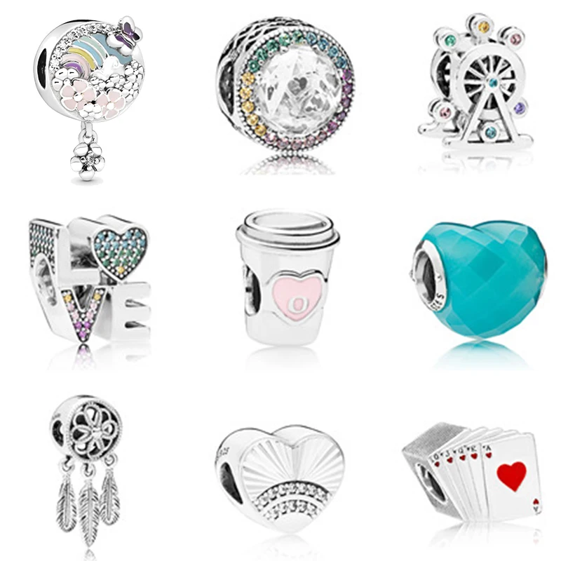 

100% 925 sterling silver pan charming beads multicolor ferris wheel playing bright heart shape love to drink to the rainbow