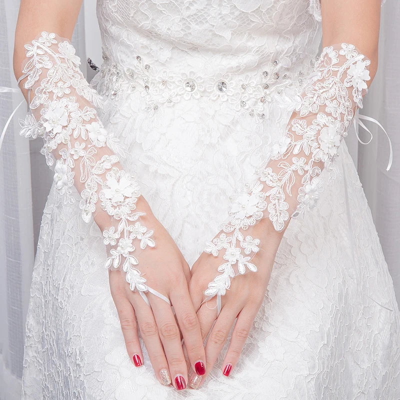 

Elegant Beaded Lace Satin Bridal Gloves with Pearl 2022 Fingerless Wedding Gloves White Ivory Wedding Accessories Veu De Noiva