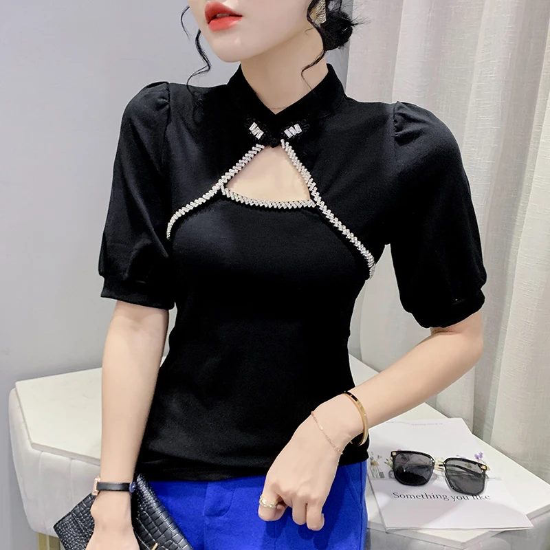 

Футболка женская с коротким рукавом-фонариком, пикантная облегающая эластичная элегантная рубашка в винтажном китайском стиле, на пуговиц...