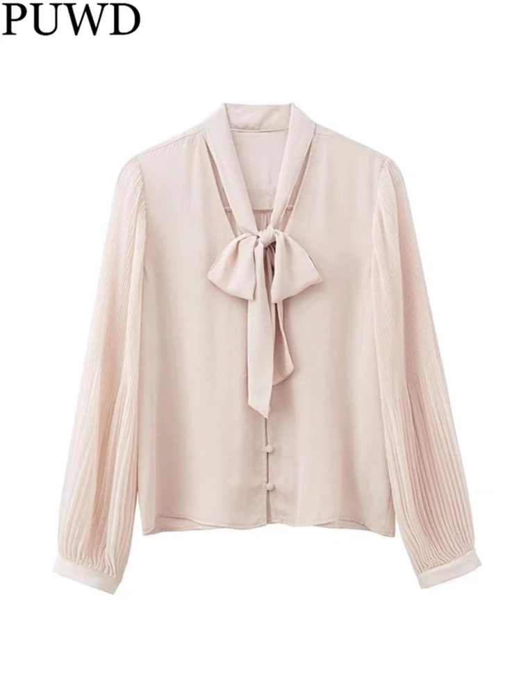 

PUWD Women V Neck Bow Lace Long Sleeve Blouse 2022 Spring Fashion Ladies Vintage Casual Shirt Female Solid Color Straight Shirt