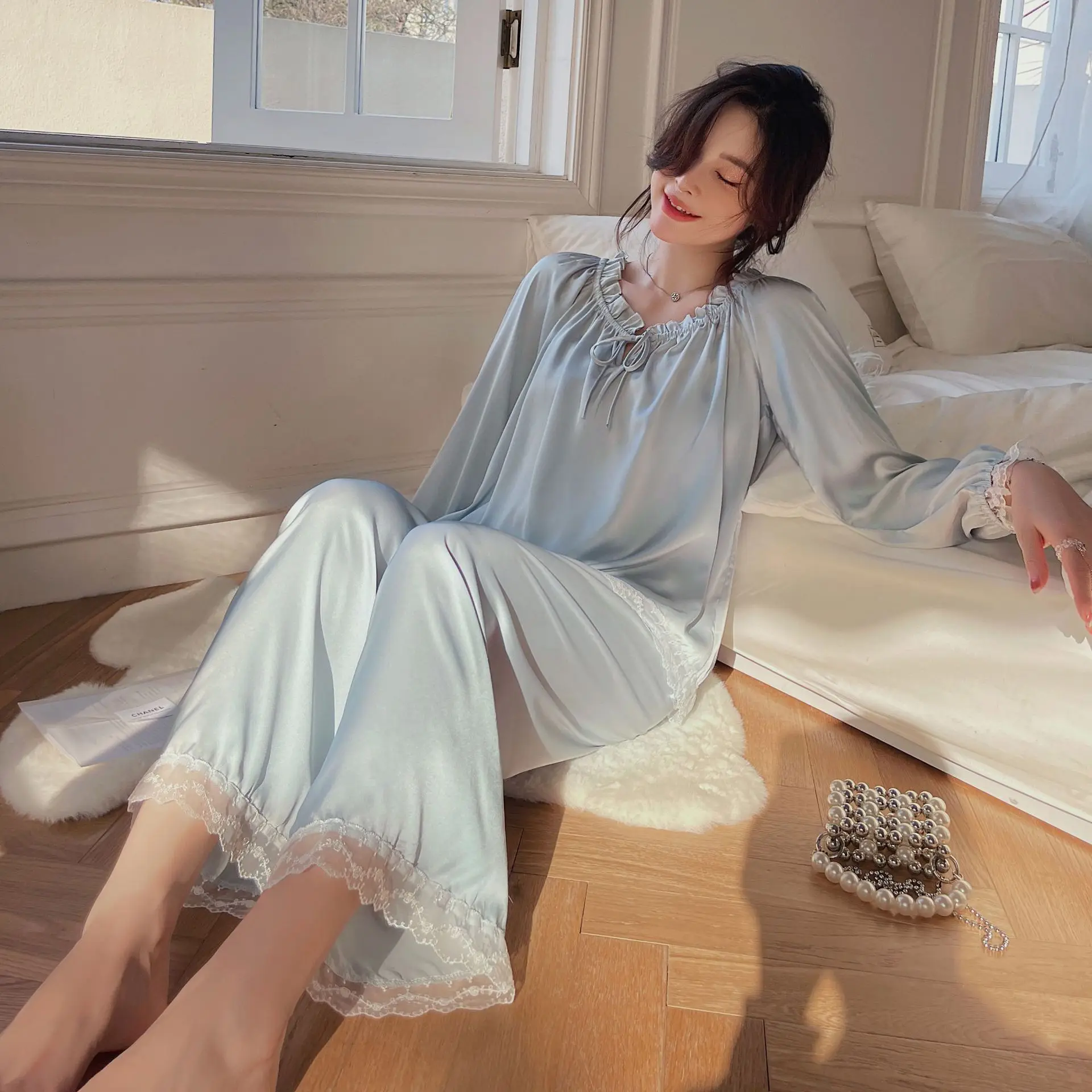 

Женский пижамный комплект из 2 предметов, шелковая одежда для сна во французском стиле принцессы, Женская Роскошная однотонная Домашняя оде...